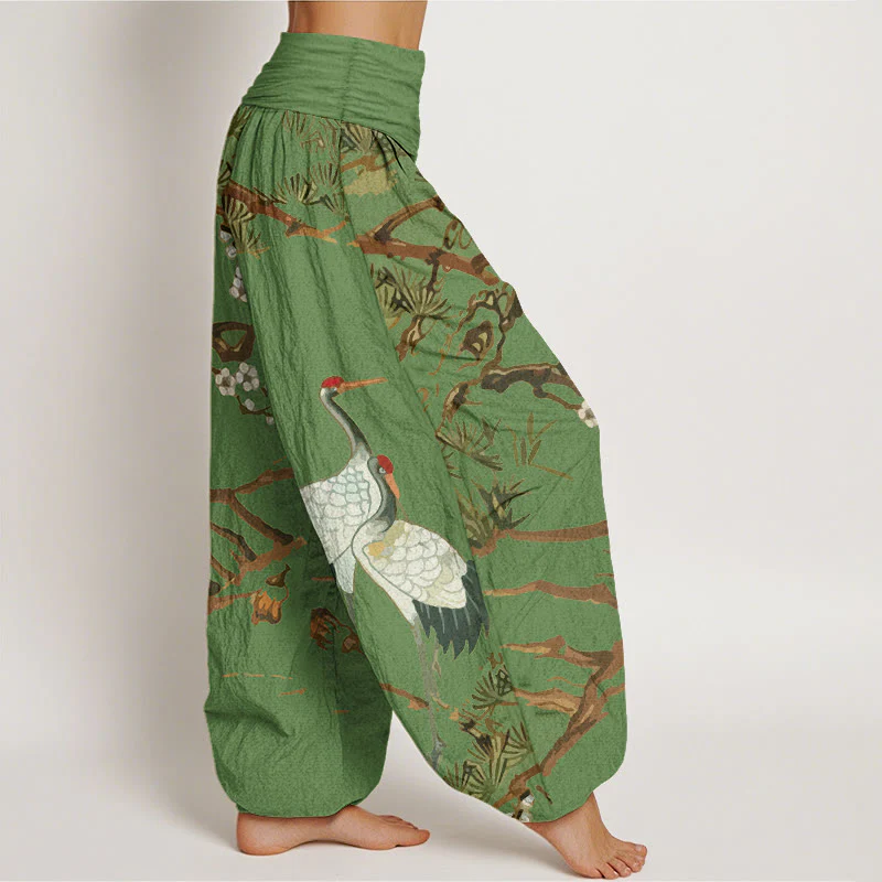 Pantaloni harem in cotone con elastico in vita, da donna, con stampa di Buddha Stones, fiori di prugno, gru e pini - Image 2