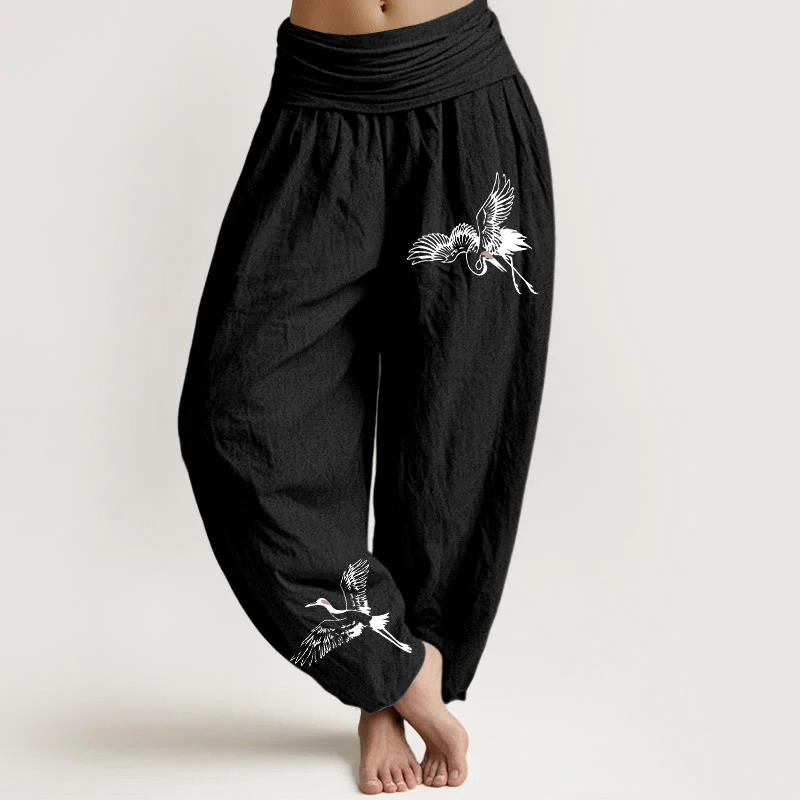 Pantaloni harem in cotone con elastico in vita da donna, motivo con gru coronate rosse volanti Buddha Stones