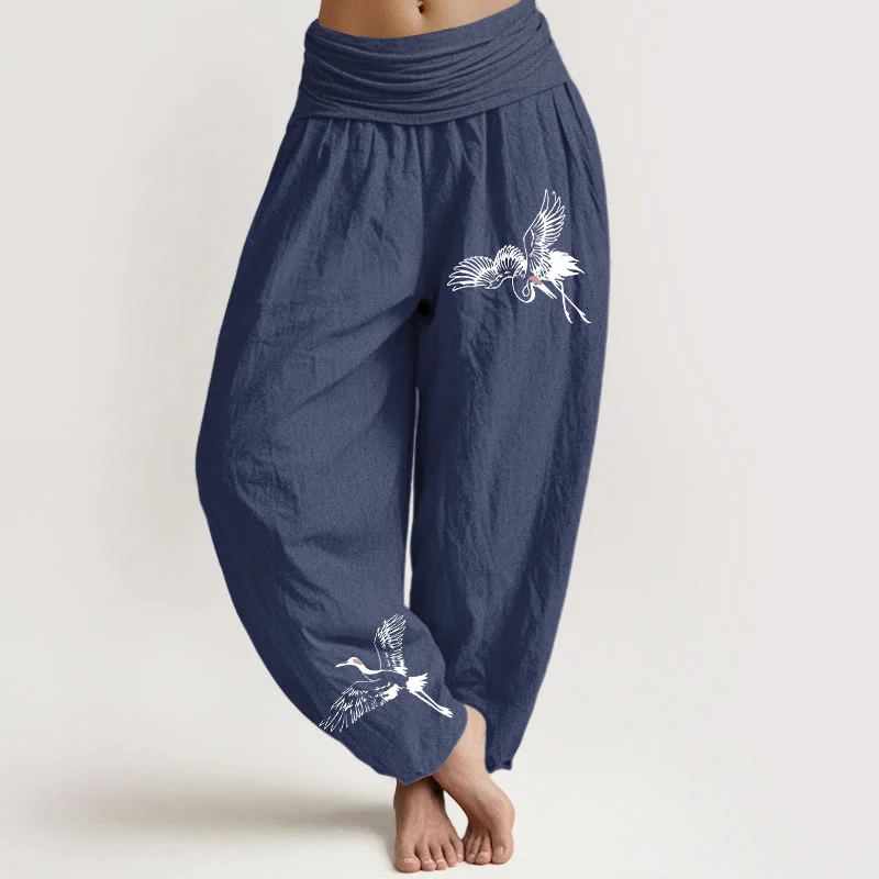 Pantaloni harem in cotone con elastico in vita da donna, motivo con gru coronate rosse volanti Buddha Stones - Image 6