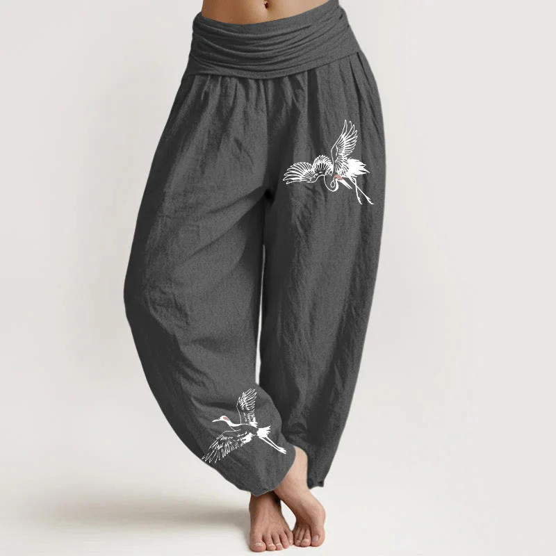 Pantaloni harem in cotone con elastico in vita da donna, motivo con gru coronate rosse volanti Buddha Stones - Image 9