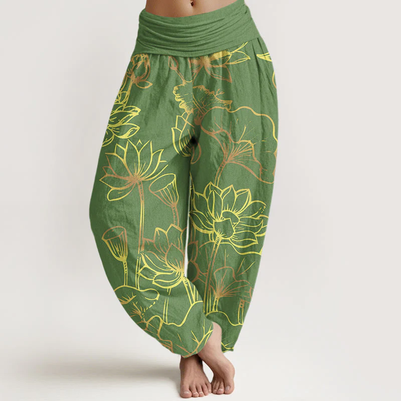 Pantaloni harem in cotone con elastico in vita e motivo a foglie e fiori di loto con stampa di Buddha Stones da donna - Image 6