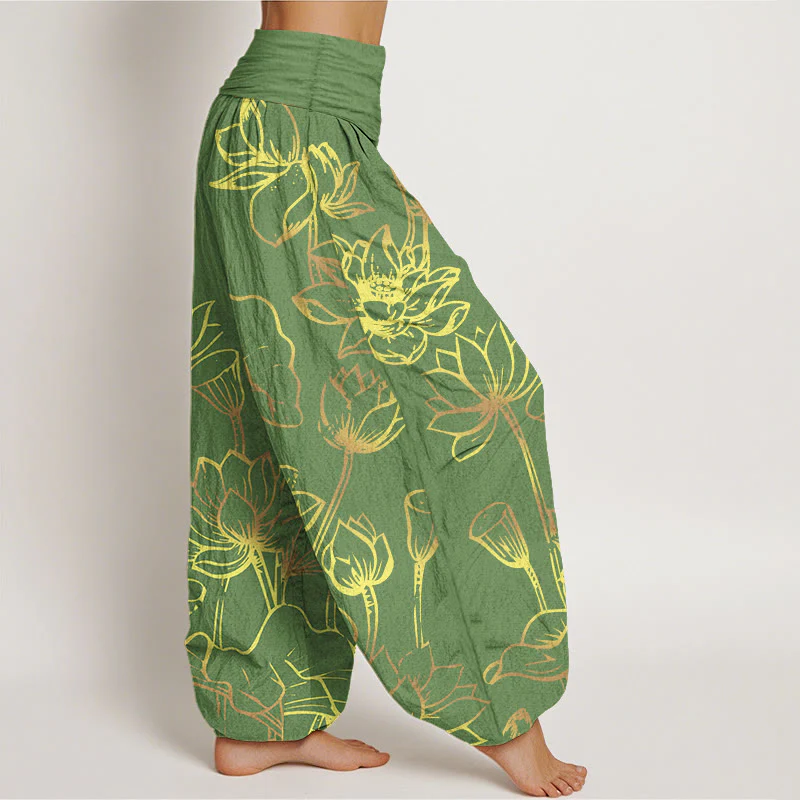 Pantaloni harem in cotone con elastico in vita e motivo a foglie e fiori di loto con stampa di Buddha Stones da donna - Image 7