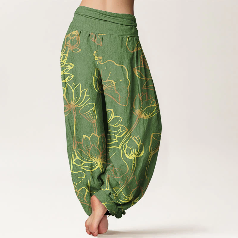Pantaloni harem in cotone con elastico in vita e motivo a foglie e fiori di loto con stampa di Buddha Stones da donna - Image 8