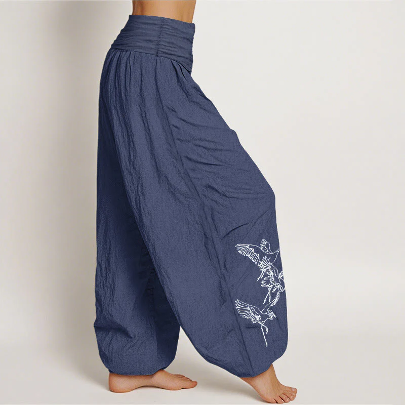Pantaloni harem in cotone con elastico in vita e motivo a gru volante Buddha Stones - Image 10