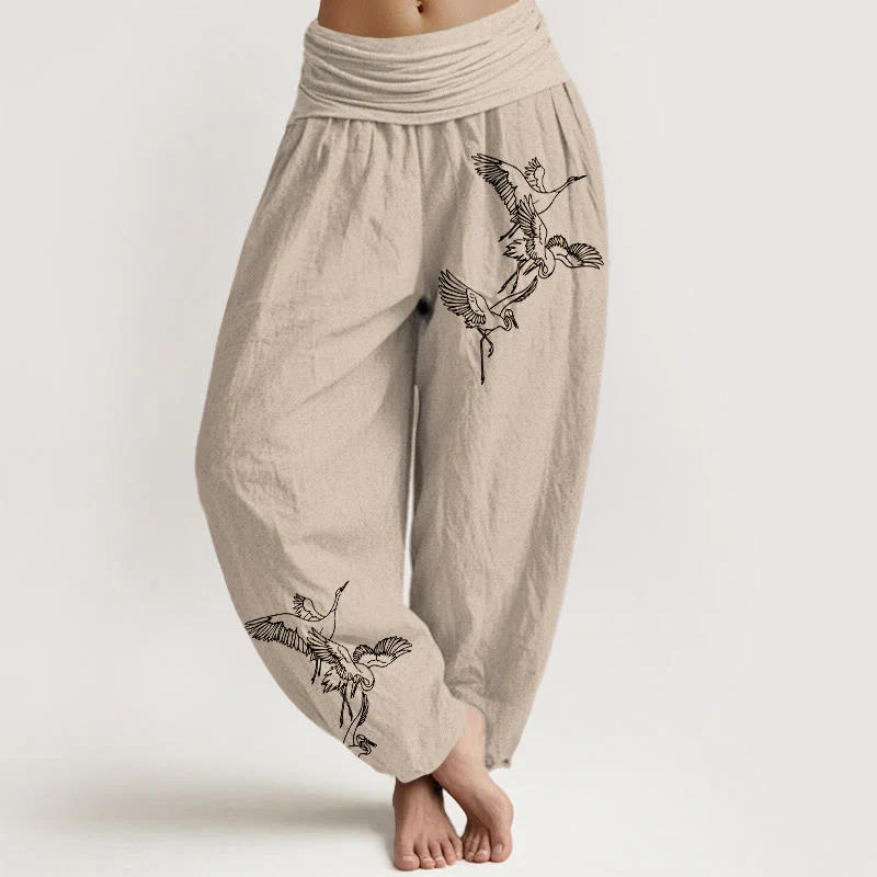 Pantaloni harem in cotone con elastico in vita e motivo a gru volante Buddha Stones - Image 12