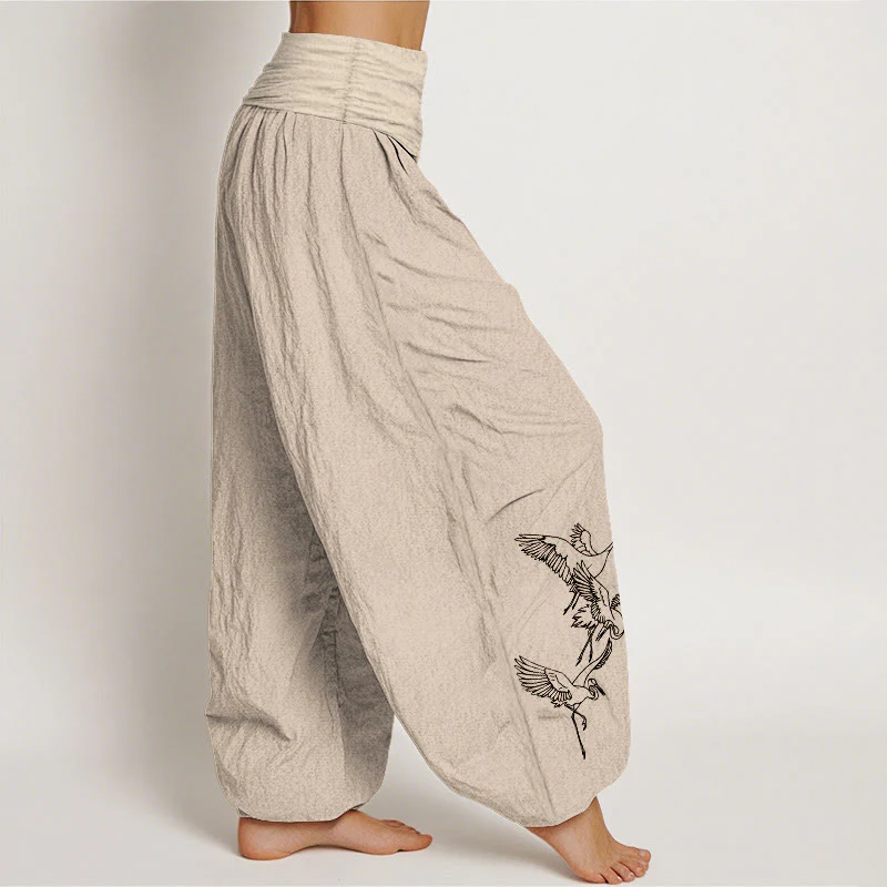 Pantaloni harem in cotone con elastico in vita e motivo a gru volante Buddha Stones - Image 13