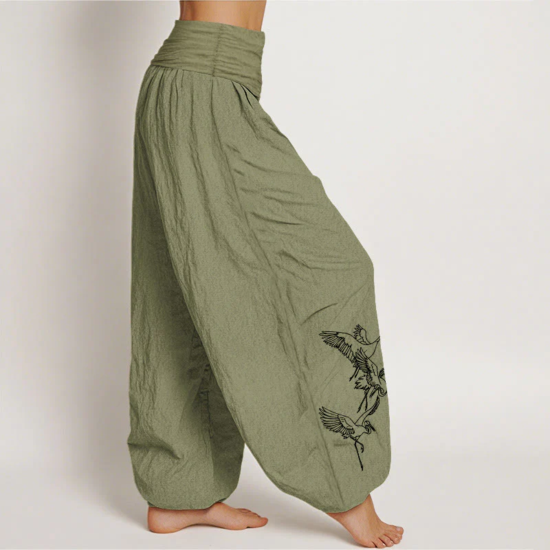 Pantaloni harem in cotone con elastico in vita e motivo a gru volante Buddha Stones - Image 16