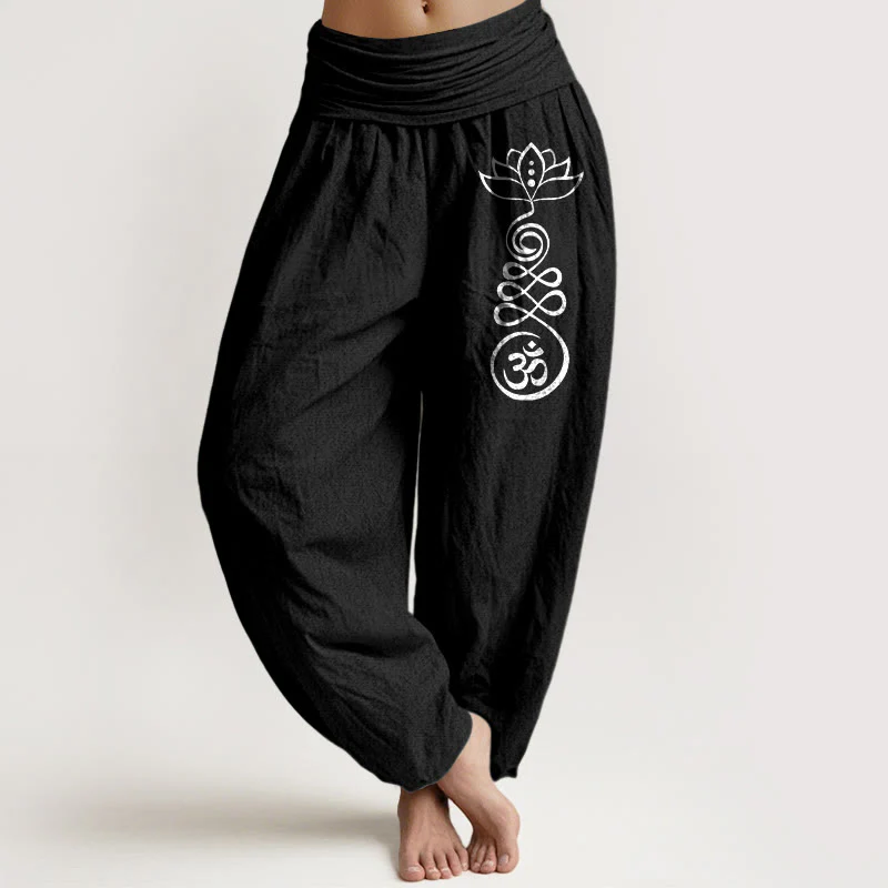 Pantaloni harem in cotone con elastico in vita e motivo Buddha Stones, motivo Lotus Om, da donna - Image 6