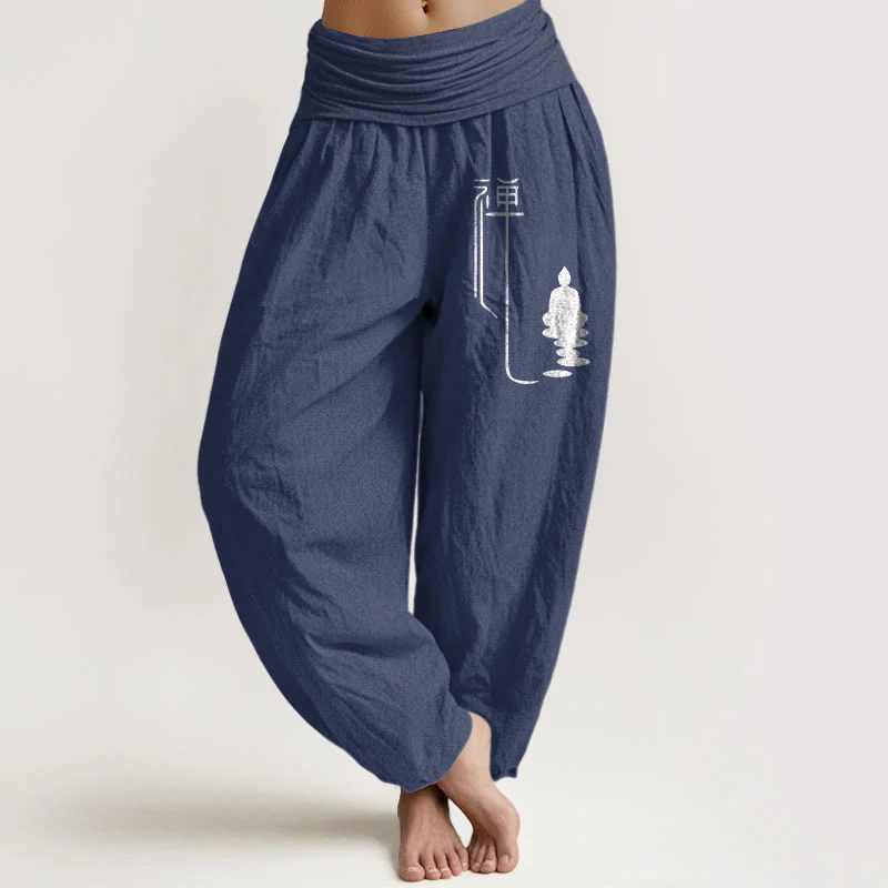 Pantaloni harem in cotone con elastico in vita e motivo buddista zen Buddha Stones