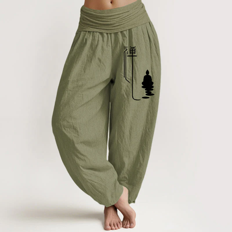 Pantaloni harem in cotone con elastico in vita e motivo buddista zen Buddha Stones - Image 15