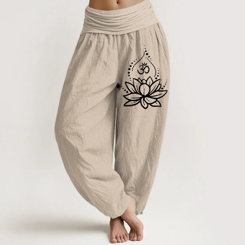 Pantaloni harem in cotone con elastico in vita e motivo con Buddha Stones, loto in fiore e simbolo Om - Image 12