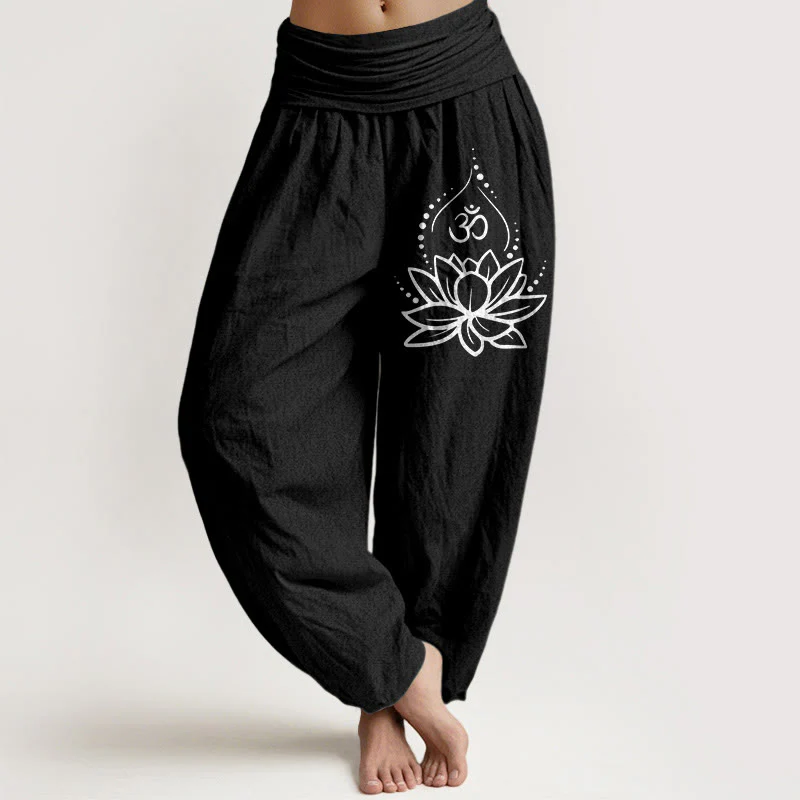 Pantaloni harem in cotone con elastico in vita e motivo con Buddha Stones, loto in fiore e simbolo Om - Image 6