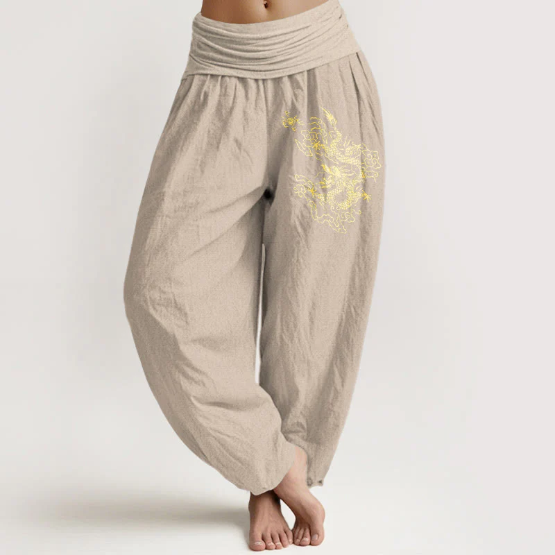 Pantaloni harem in cotone con elastico in vita e stampa di drago dorato con Buddha Stones da donna - Image 12