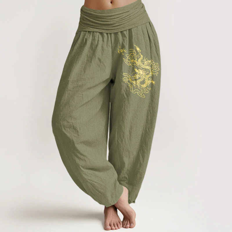 Pantaloni harem in cotone con elastico in vita e stampa di drago dorato con Buddha Stones da donna - Image 15