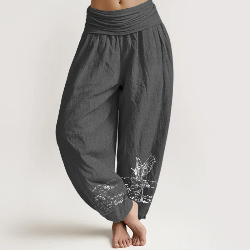 Pantaloni harem in cotone con elastico in vita, motivo Buddha Stones Crane e acqua che scorre, da donna - Image 9