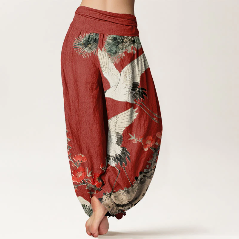 Pantaloni harem in cotone con elastico in vita, motivo con gru, Buddha Stones fiori di prugno - Image 11