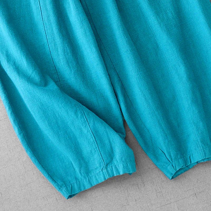 Pantaloni harem in lino e cotone casual tinta unita Buddha Stones da donna, lunghezza 7-8, con tasche - Image 16