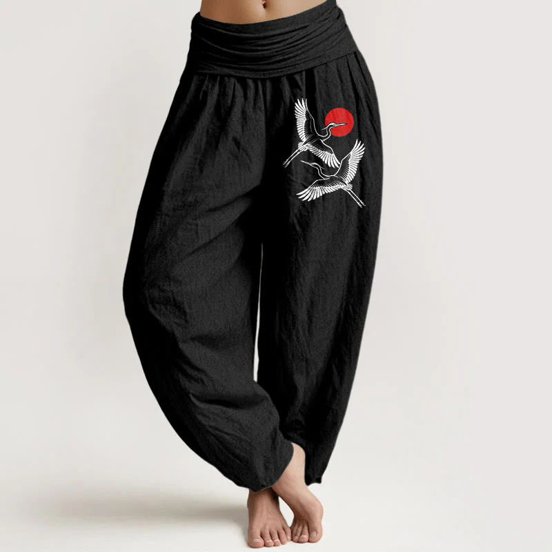 Pantaloni harem in puro cotone con elastico in vita e motivo a gru rosse e pietre Buddha Stones