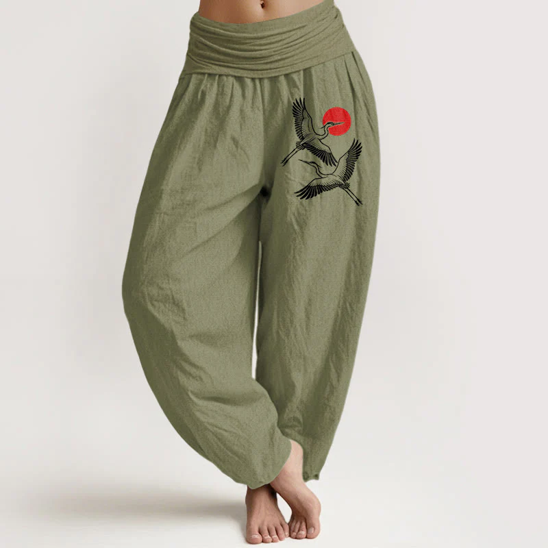 Pantaloni harem in puro cotone con elastico in vita e motivo a gru rosse e pietre Buddha Stones - Image 15