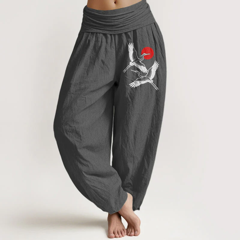 Pantaloni harem in puro cotone con elastico in vita e motivo a gru rosse e pietre Buddha Stones - Image 9