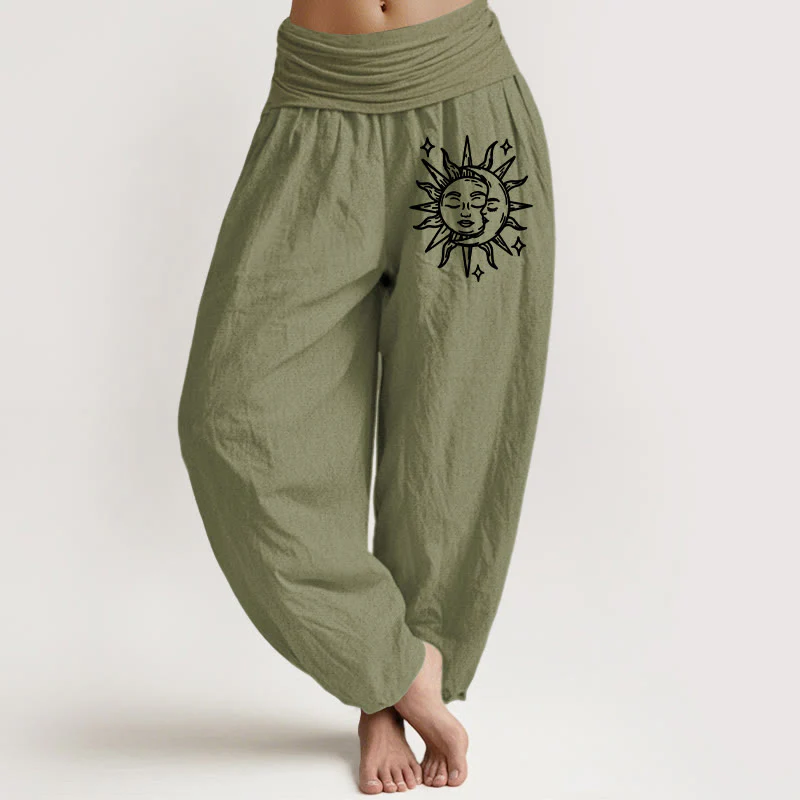 Pantaloni harem in puro cotone con elastico in vita e motivo sole e luna di Buddha Stones da donna - Image 15