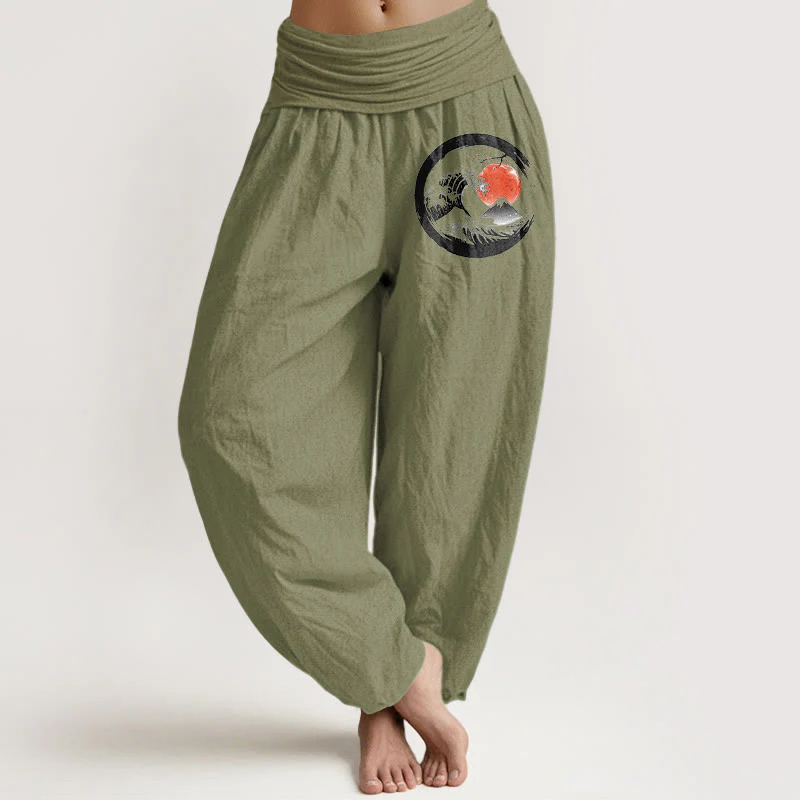 Pantaloni harem in puro cotone con elastico in vita, motivo Buddha Stones Wave Sun Mountains da donna - Image 15