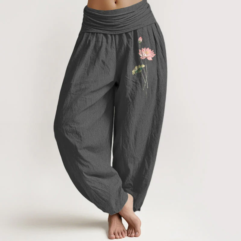 Pantaloni harem in puro cotone con elastico in vita, motivo con foglie di loto e fiori di loto rosa Buddha Stones
