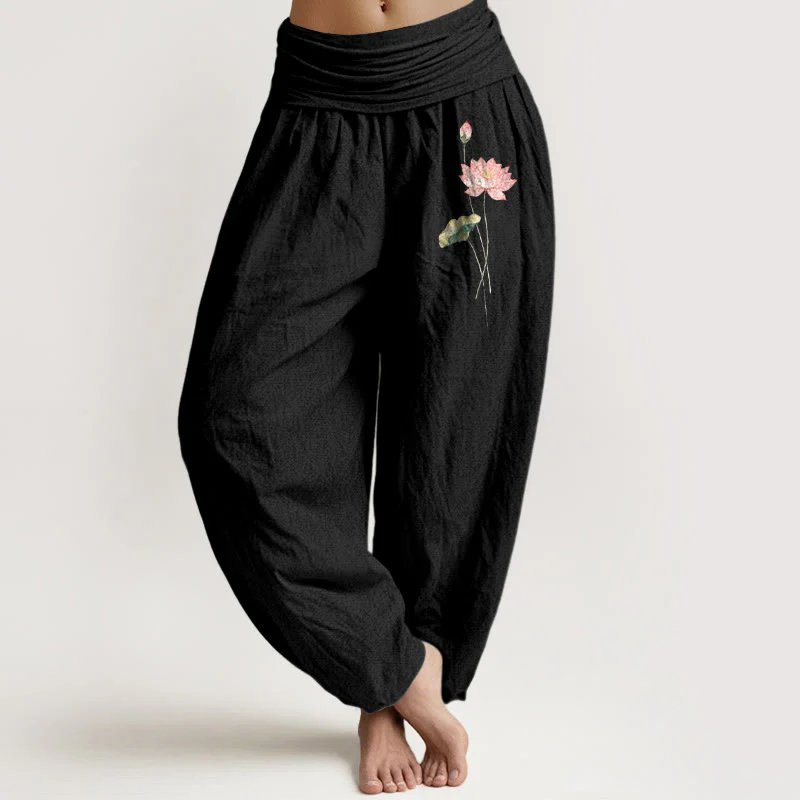 Pantaloni harem in puro cotone con elastico in vita, motivo con foglie di loto e fiori di loto rosa Buddha Stones - Image 6
