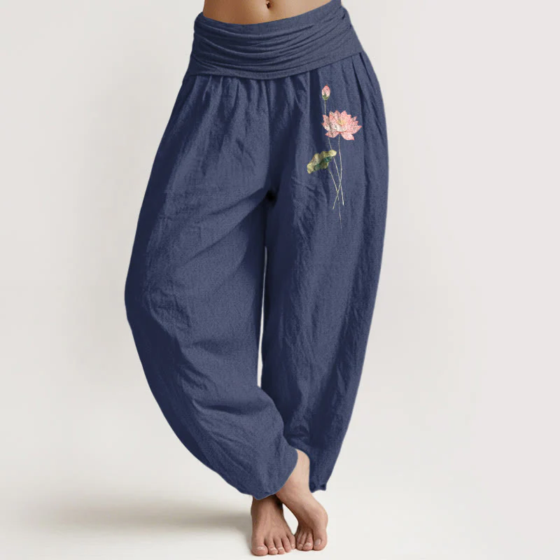 Pantaloni harem in puro cotone con elastico in vita, motivo con foglie di loto e fiori di loto rosa Buddha Stones - Image 9