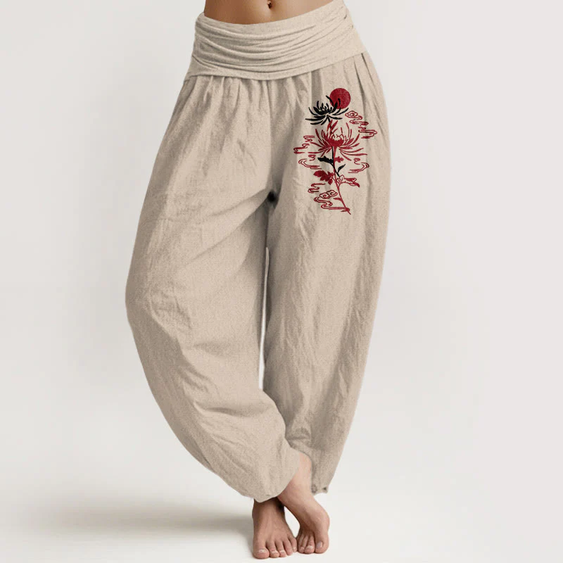Pantaloni harem in puro cotone con elastico in vita, motivo sole, Buddha Stones e crisantemi da donna