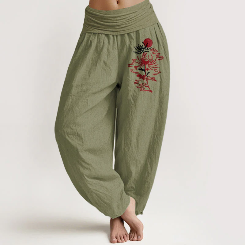 Pantaloni harem in puro cotone con elastico in vita, motivo sole, Buddha Stones e crisantemi da donna - Image 15