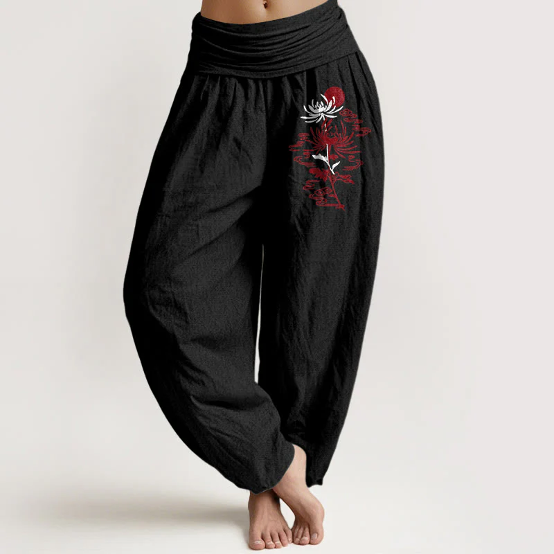 Pantaloni harem in puro cotone con elastico in vita, motivo sole, Buddha Stones e crisantemi da donna - Image 6