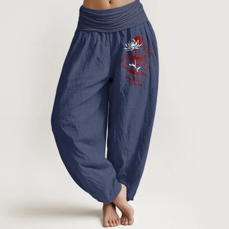 Pantaloni harem in puro cotone con elastico in vita, motivo sole, Buddha Stones e crisantemi da donna - Image 9