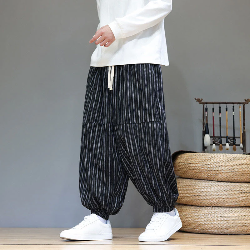 Pantaloni harem in velluto a coste con coulisse e tasche da uomo con motivo a righe autunnali Buddha Stones