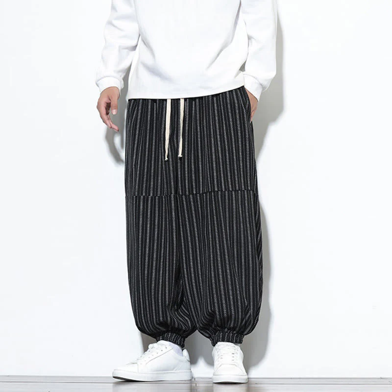 Pantaloni harem in velluto a coste con coulisse e tasche da uomo con motivo a righe autunnali Buddha Stones - Image 12