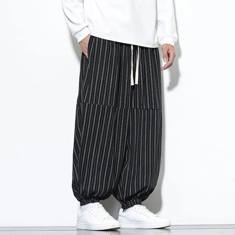 Pantaloni harem in velluto a coste con coulisse e tasche da uomo con motivo a righe autunnali Buddha Stones - Image 13
