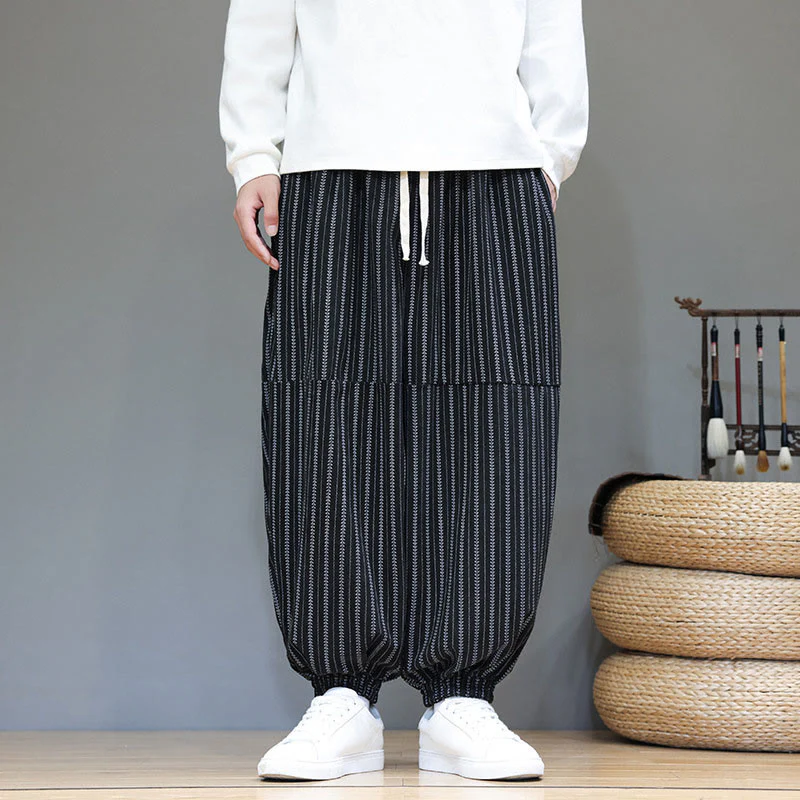 Pantaloni harem in velluto a coste con coulisse e tasche da uomo con motivo a righe autunnali Buddha Stones - Image 2