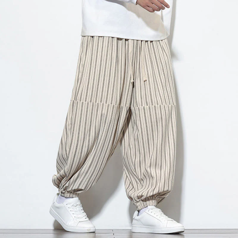 Pantaloni harem in velluto a coste con coulisse e tasche da uomo con motivo a righe autunnali Buddha Stones - Image 20