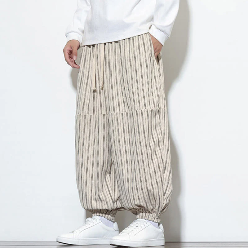 Pantaloni harem in velluto a coste con coulisse e tasche da uomo con motivo a righe autunnali Buddha Stones - Image 21