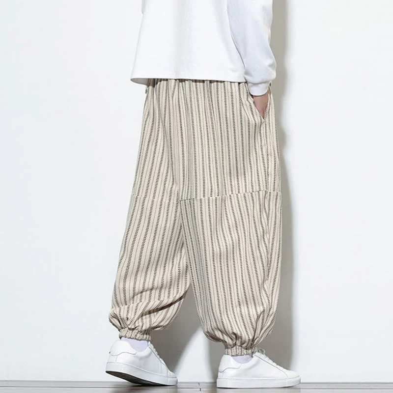 Pantaloni harem in velluto a coste con coulisse e tasche da uomo con motivo a righe autunnali Buddha Stones - Image 22