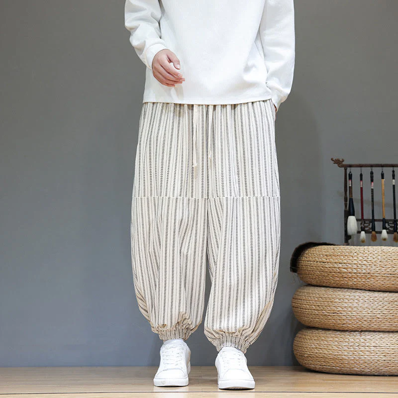 Pantaloni harem in velluto a coste con coulisse e tasche da uomo con motivo a righe autunnali Buddha Stones - Image 26