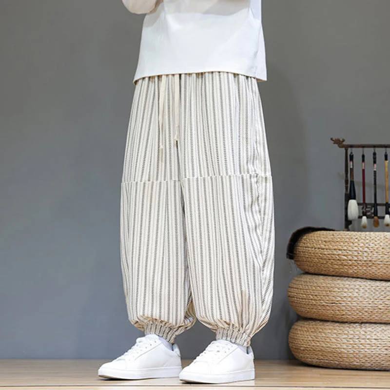 Pantaloni harem in velluto a coste con coulisse e tasche da uomo con motivo a righe autunnali Buddha Stones - Image 29