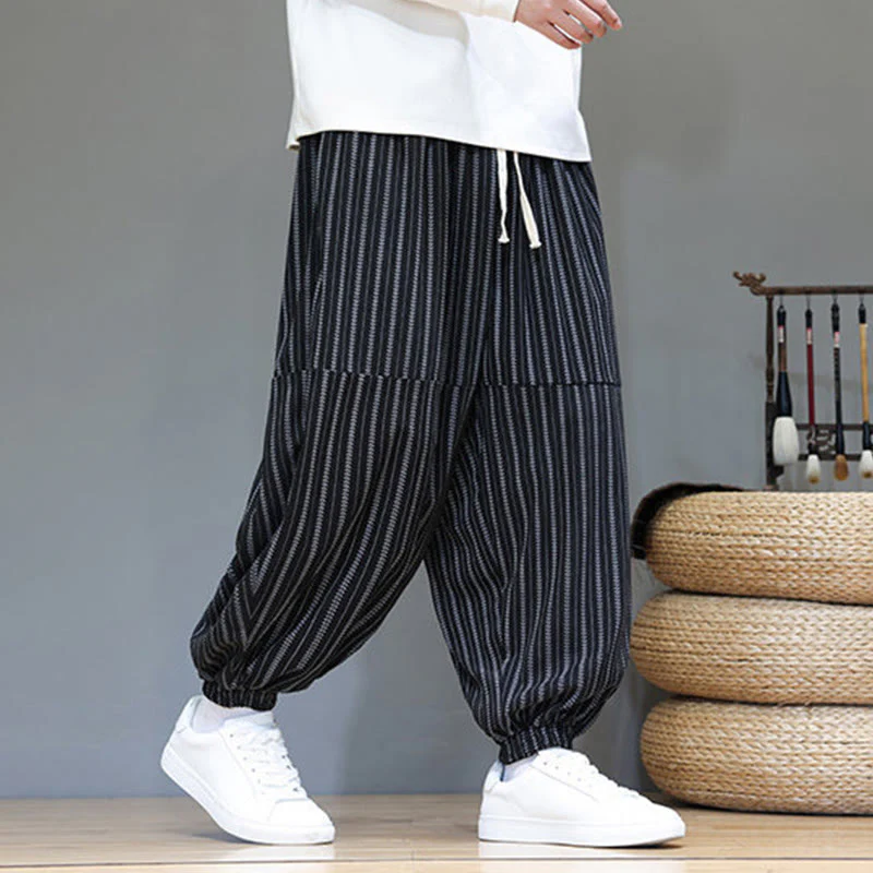 Pantaloni harem in velluto a coste con coulisse e tasche da uomo con motivo a righe autunnali Buddha Stones - Image 3