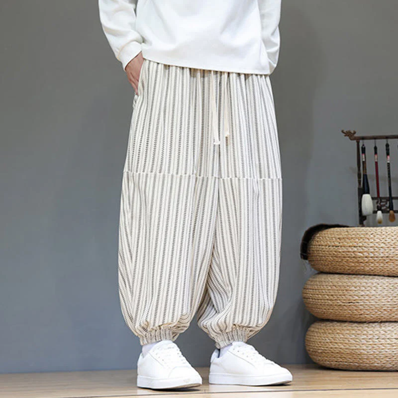 Pantaloni harem in velluto a coste con coulisse e tasche da uomo con motivo a righe autunnali Buddha Stones - Image 30