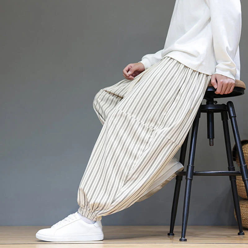 Pantaloni harem in velluto a coste con coulisse e tasche da uomo con motivo a righe autunnali Buddha Stones - Image 33