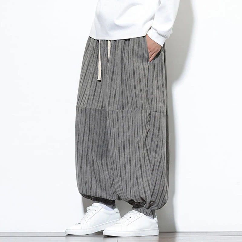 Pantaloni harem in velluto a coste con coulisse e tasche da uomo con motivo a righe autunnali Buddha Stones - Image 41