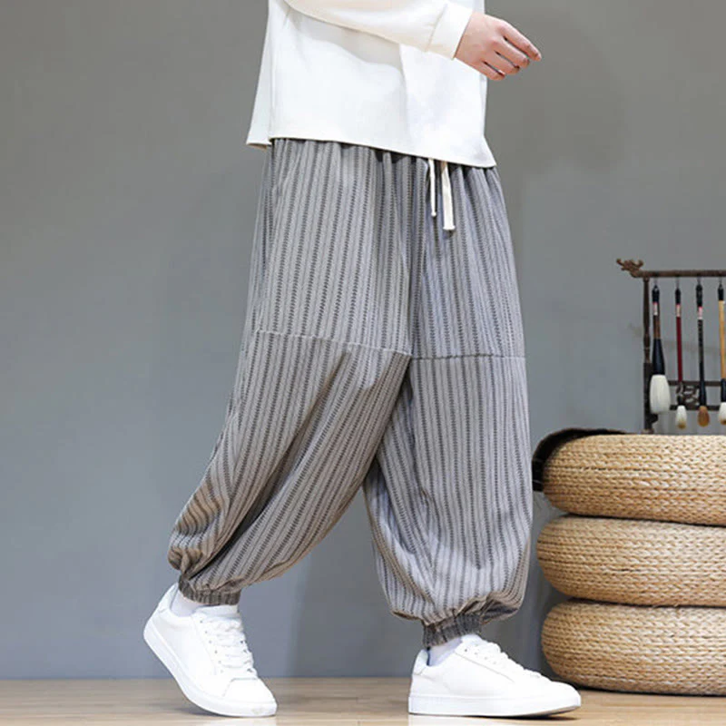 Pantaloni harem in velluto a coste con coulisse e tasche da uomo con motivo a righe autunnali Buddha Stones - Image 45