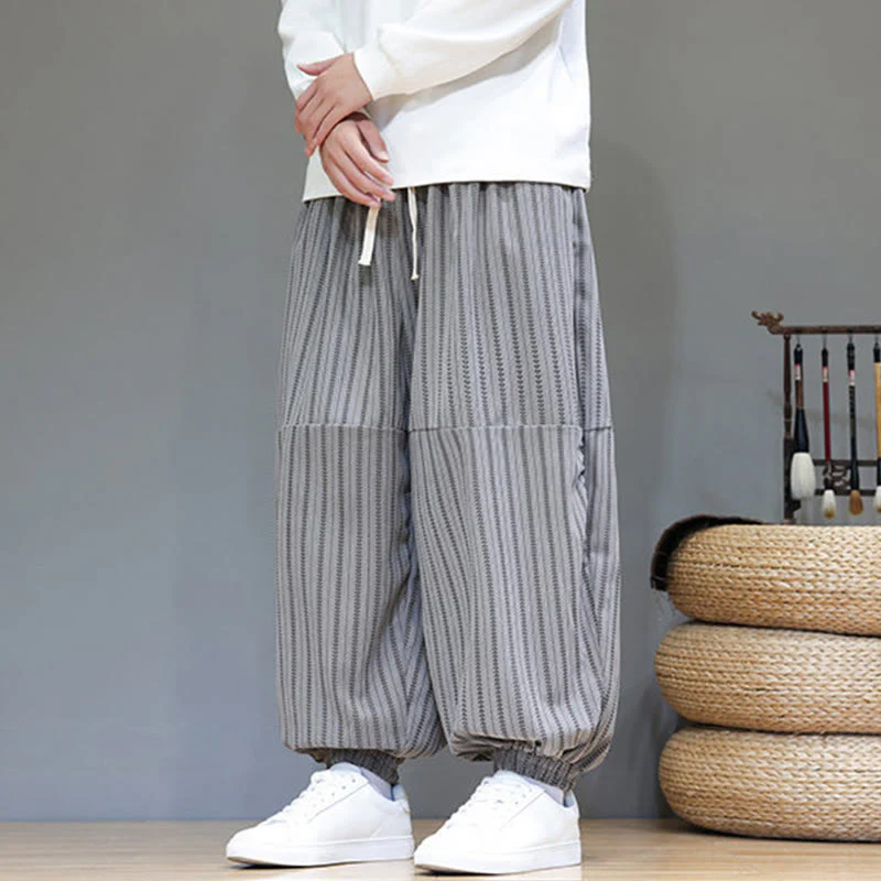 Pantaloni harem in velluto a coste con coulisse e tasche da uomo con motivo a righe autunnali Buddha Stones - Image 46