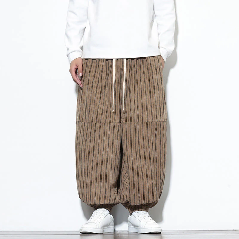 Pantaloni harem in velluto a coste con coulisse e tasche da uomo con motivo a righe autunnali Buddha Stones - Image 55