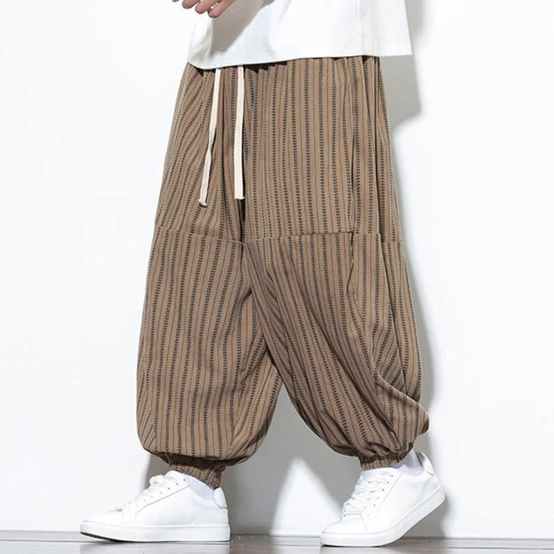 Pantaloni harem in velluto a coste con coulisse e tasche da uomo con motivo a righe autunnali Buddha Stones - Image 56